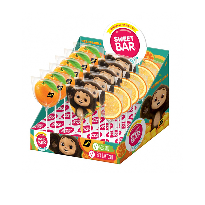 ЧЕБУРАШКА SWEET BAR Карамель на палочке 1кор*12бл*20шт, 25г.
